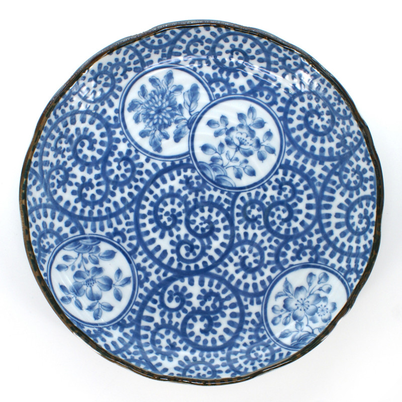 assiette japonaise bleue en céramique ronde karakusa