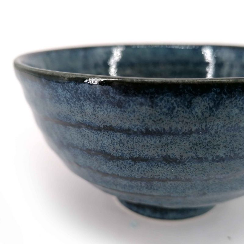 Japanese ceramic rice bowl, blue with dark lines - KURAI SEN