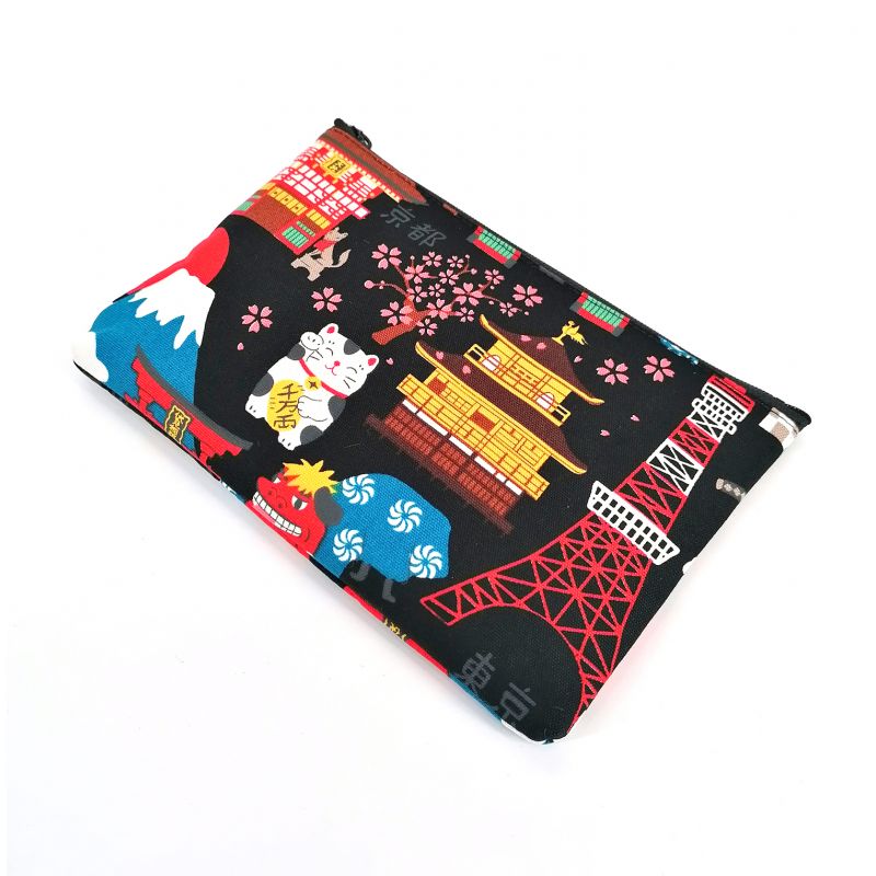 Japanese black cotton pouch with Japan motif, NIHON