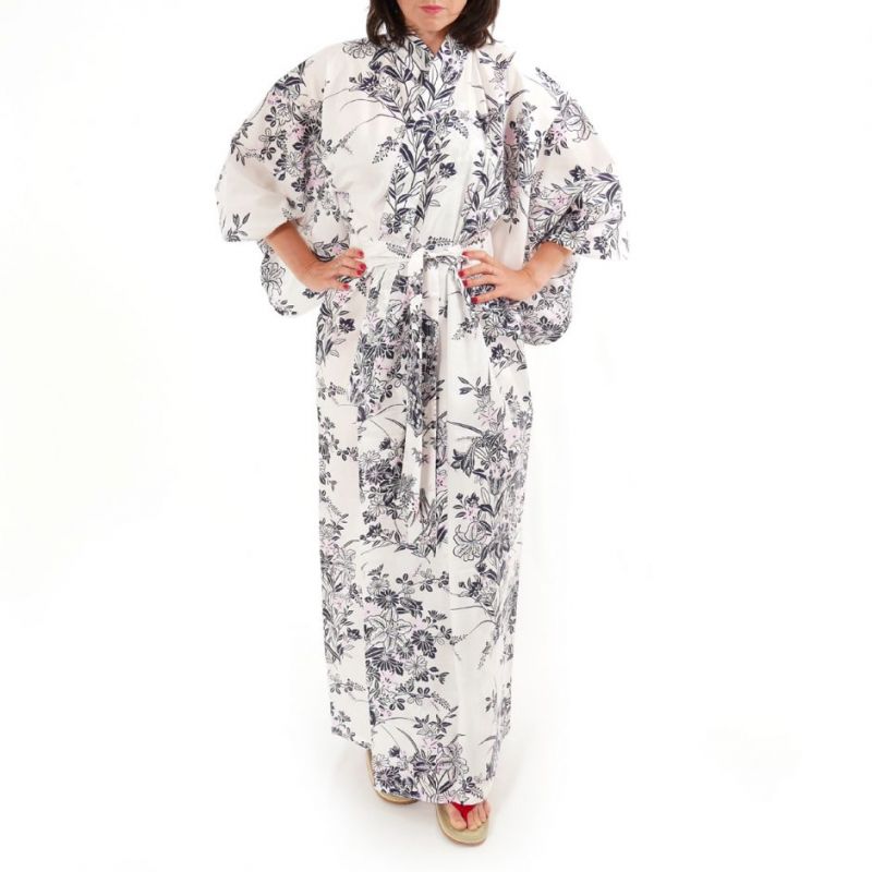 Japanese traditional white cotton yukata kimono japanese plum for ladies