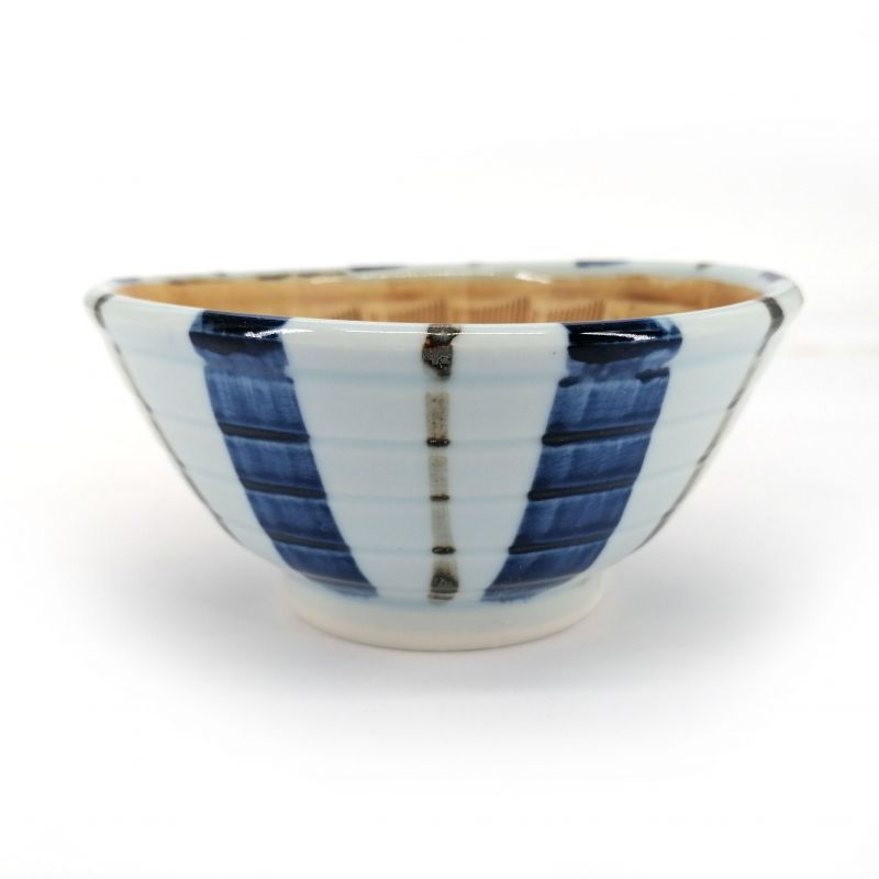 Small Japanese suribachi bowl in ceramic lines, blue and white - GYO