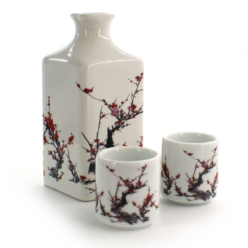 sake service 1 bottle and 2 cups, FURUKI UME, plum blossoms