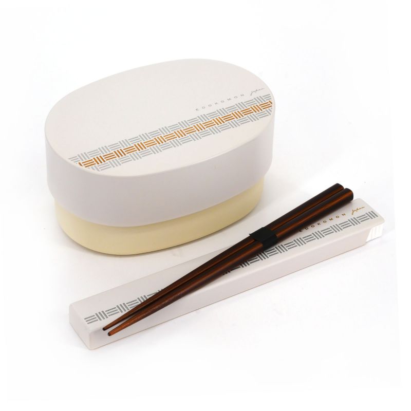 Boîte à repas Bento japonaise ovale blanche motif traditionnel d'Edo et sa paire de baguettes assortie - MIKUZUSHIMON - 13.6cm