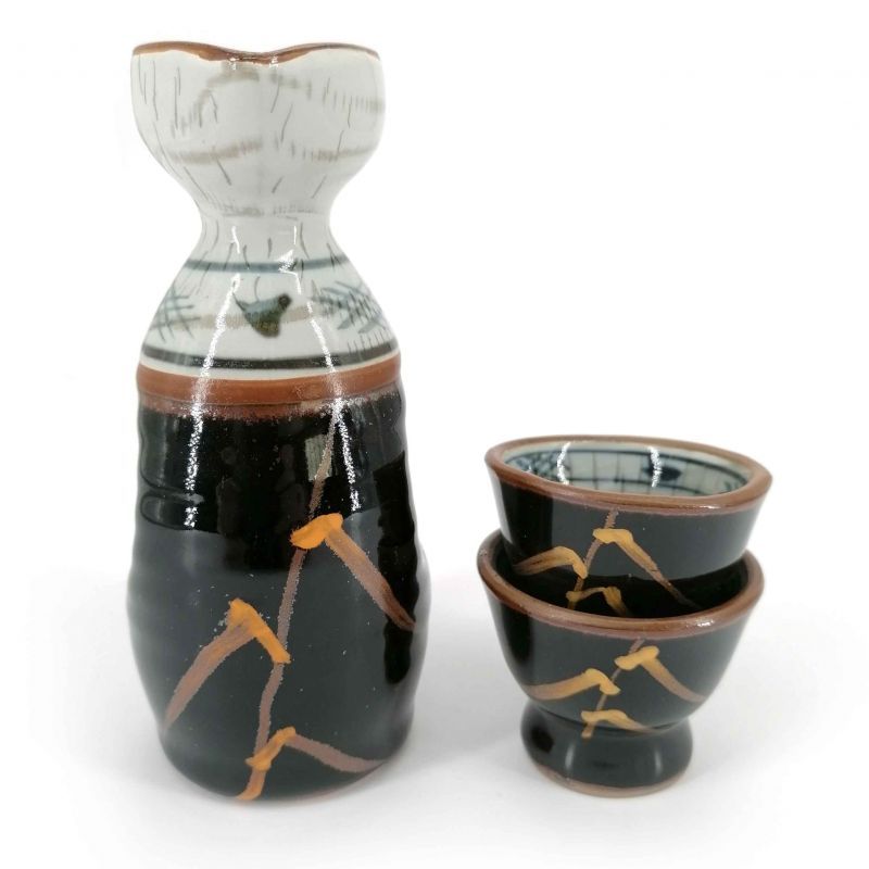 Keramik-Sake-Service, Flasche und 2 Tassen, braune, gebürstete Muster - MIGAKIMASU
