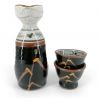 Service à saké en céramique, bouteille et 2 tasses, marron, motifs faits au pinceau - MIGAKIMASU