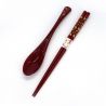 Par de palillos japoneses de madera rojos con dibujo de grulla y tortuga y la cuchara de resina a juego - TSURUKAME - 22,5 y 19,