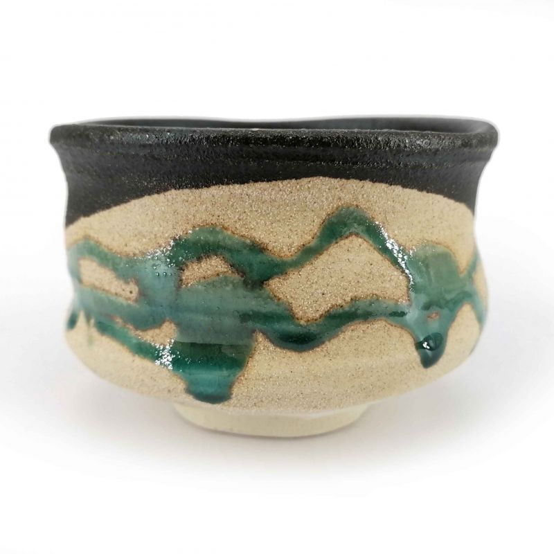 Ciotola per la cerimonia del tè giapponese in ceramica, nera e beige con gocce turchesi - TAKOIZU SHITATARI