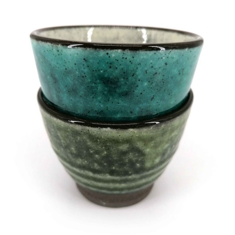Duo of ceramic tea cups, gray blue and green - NACHURARU