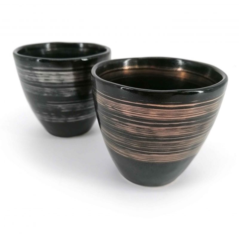 Duo japanischer Teetassen in Keramik-, Schwarz- und Silberlinien - GIN