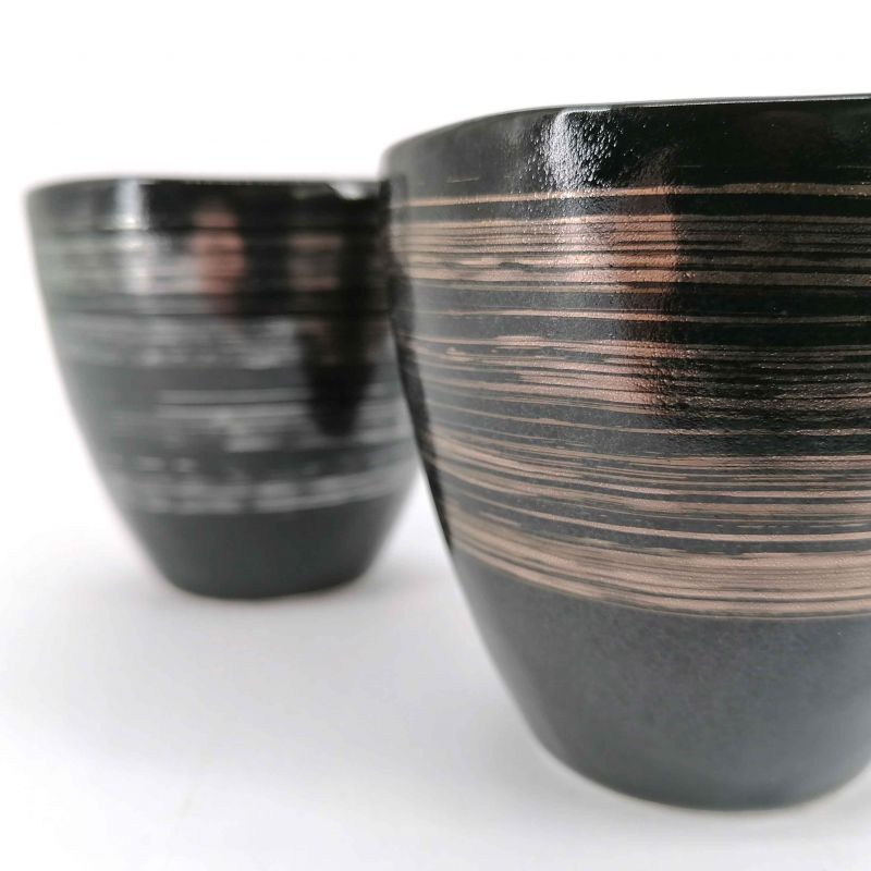 Duo de tasses à thé japonaise en céramique, noir et lignes argentées - GIN