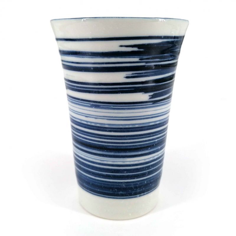 Japanese ceramic mazagran, blue and white, brush lines - MIGAKIMASU
