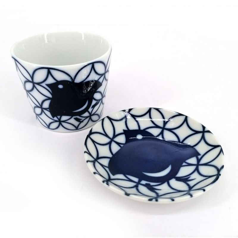 Tazza da tè in ceramica con piattino, uccellino bianco e blu - AOI CHIDORI