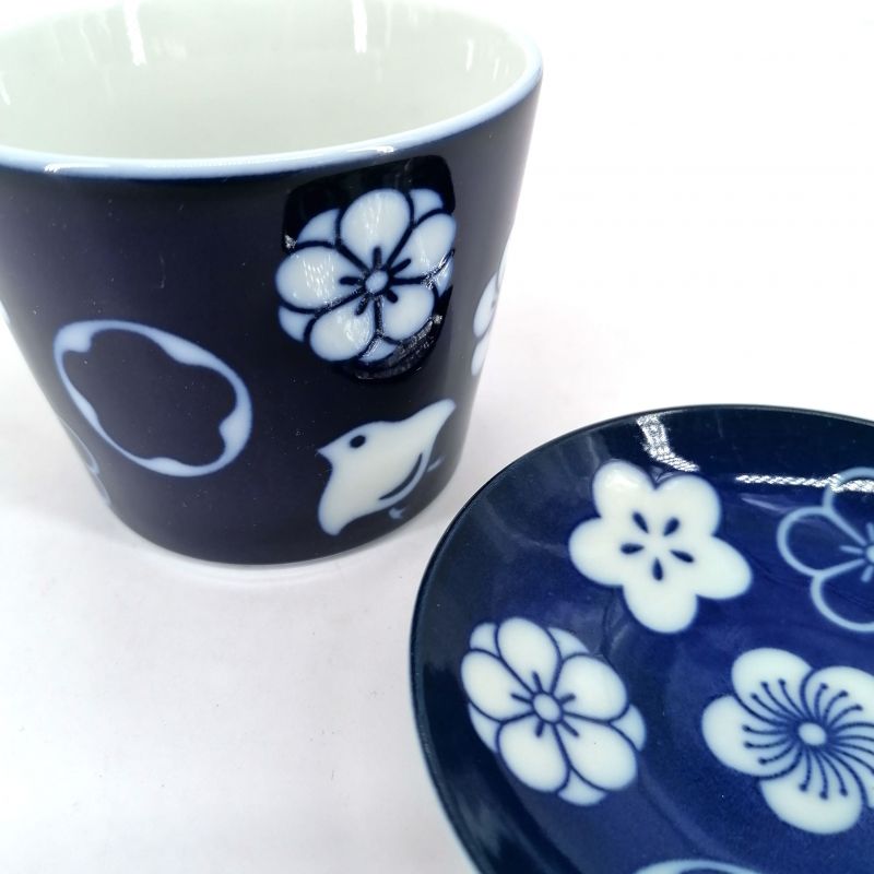 Ceramic tea cup with saucer, blue and flowers - HANA CHIDORI
