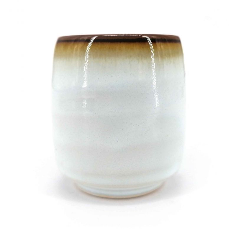 Japanese ceramic tea cup, white, brown shades border - KYOKAI