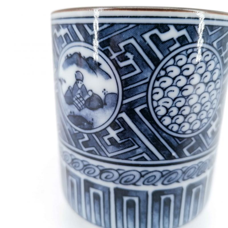 Japanese ceramic tea cup, white with traditional blue patterns - DENTO-TEKINA