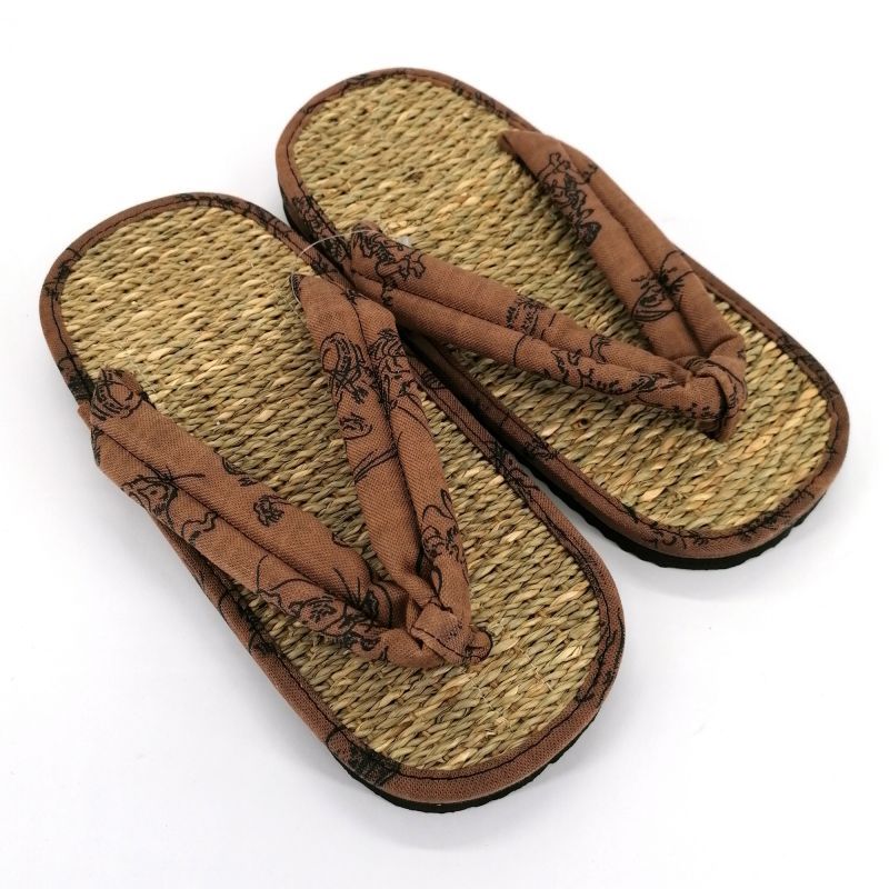 Pair of Japanese zori sandals in seagrass, FUJIN RAIJIN, brown
