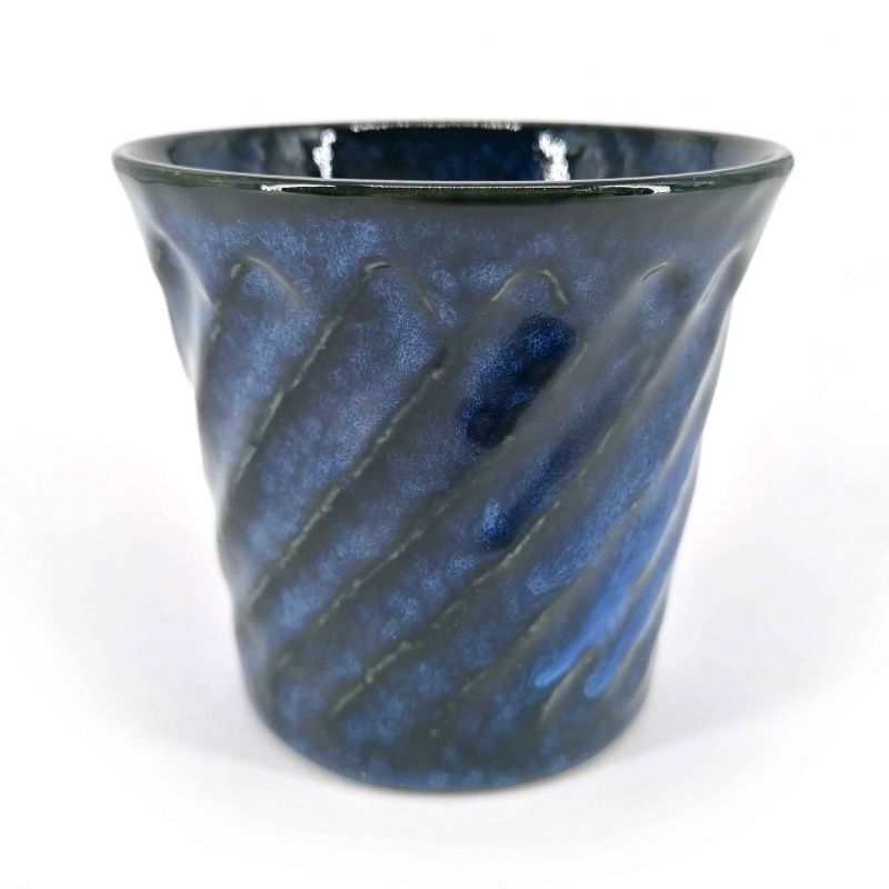 Japanese flared ceramic tea cup, midnight blue, diagonal stripes - MIDDONAITOBURU