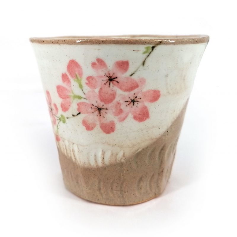 Japanese flared ceramic tea cup, beige and brown - SAKURA