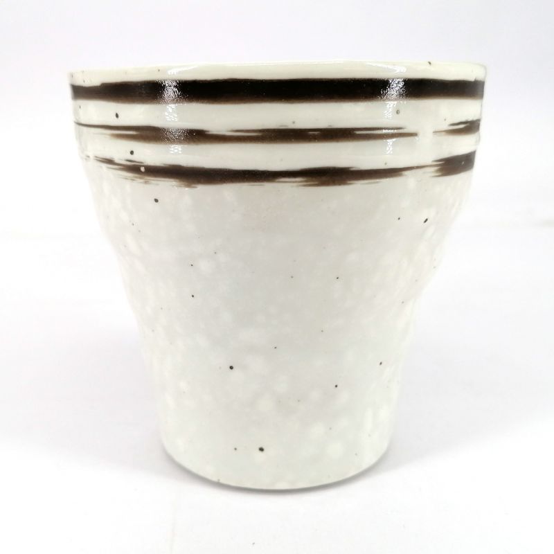 Japanese flared ceramic tea cup, white brown lines - GYO