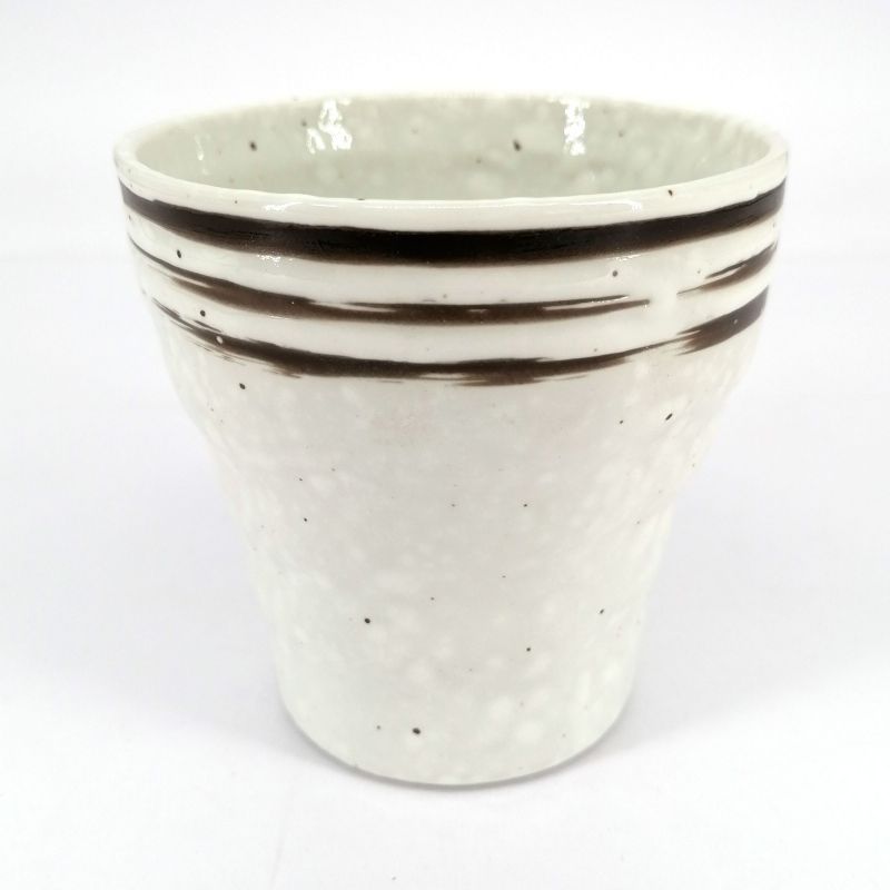 Japanese flared ceramic tea cup, white brown lines - GYO