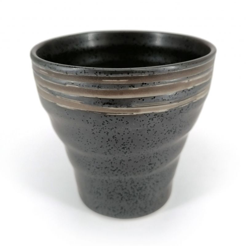 Japanese flared ceramic tea cup, black brown lines - GYO