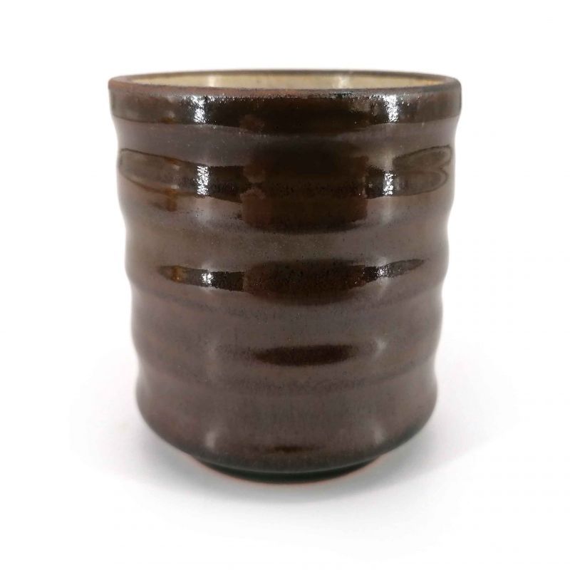 Japanese ceramic tea cup, brown with light silver reflections - KASSHOKU KAPPU