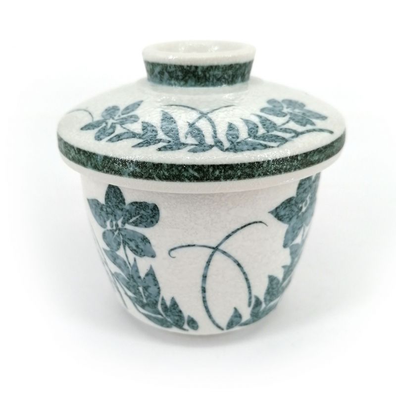 Taza japonesa con tapa chawan mushi, flores grises y azules - AOI HANA