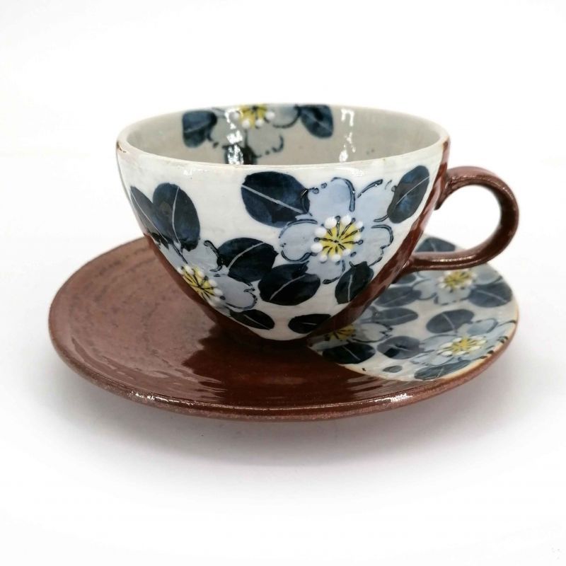 Taza de té de cerámica con asa y platillo, marrón y flores - AOI HANA