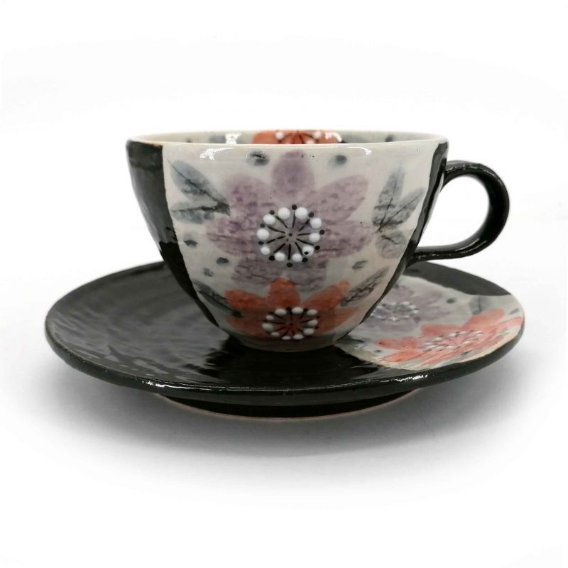Keramische Teetasse mit Griff und Untertasse, schwarz und Blumen - HANA