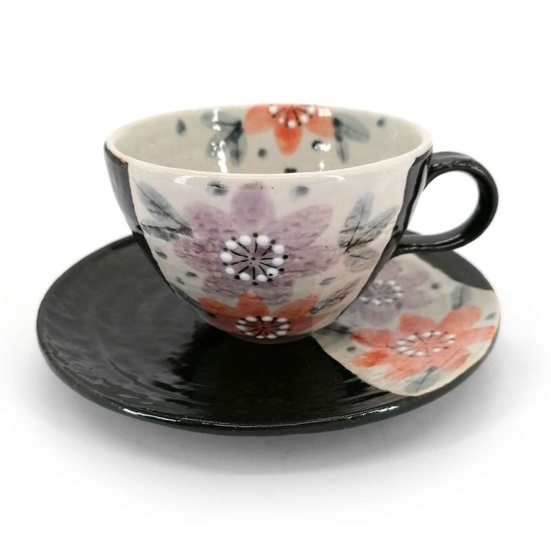 Keramische Teetasse mit Griff und Untertasse, schwarz und Blumen - HANA