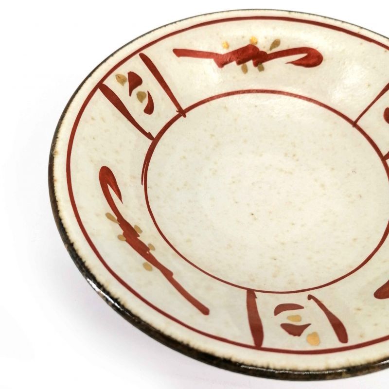 Plato alto japonés pequeño de cerámica blanca con motivos rojos - FUDE KAKI