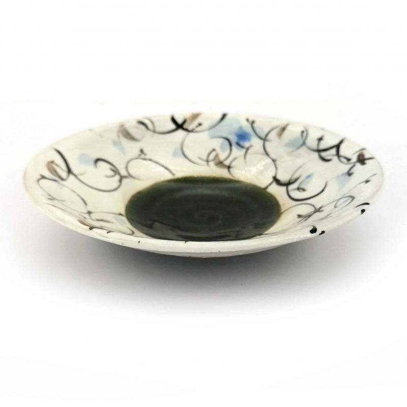 Kleine japanische weiße Keramikplatte mit schwarzen kreisförmigen Mustern - SAKYURA