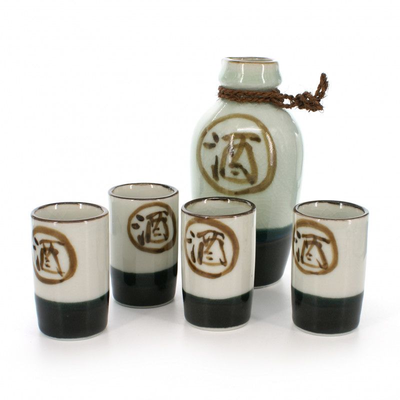 service à saké traditionnel japonais 4 tasses et 1 bouteille avec kanji saké MARU SAKE TOKKURI