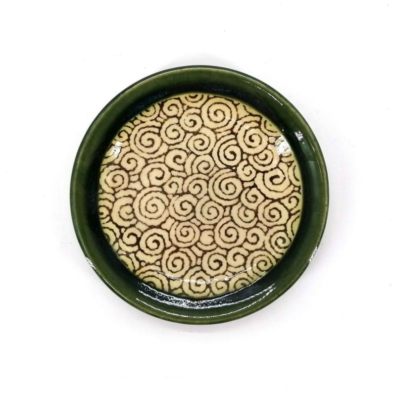 Kleine japanische Platte aus grün und beige emaillierter Keramik - GUNRINKARAKUSA