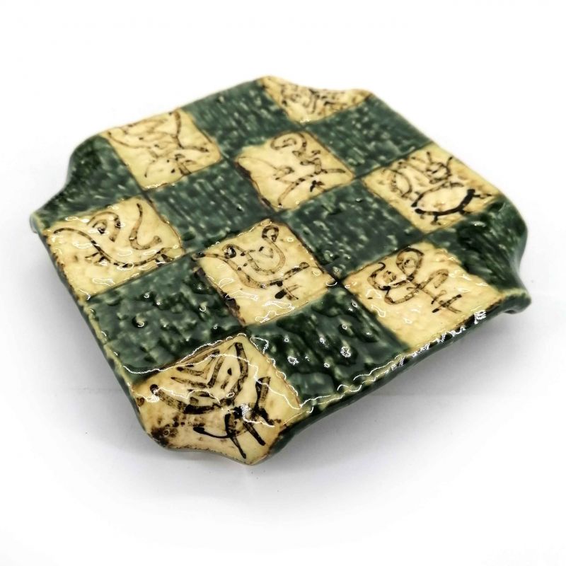 Square plate in green and beige raised ceramic - CHEKKABODO