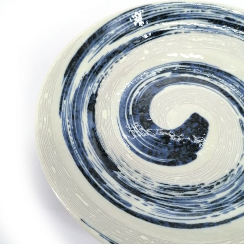 Round ceramic plate, blue and white, brush effect - SENPU