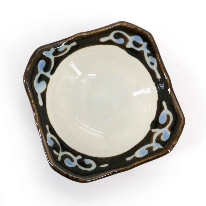 Piccolo contenitore quadrato giapponese in ceramica marrone con arabeschi blu - ARABESUKU
