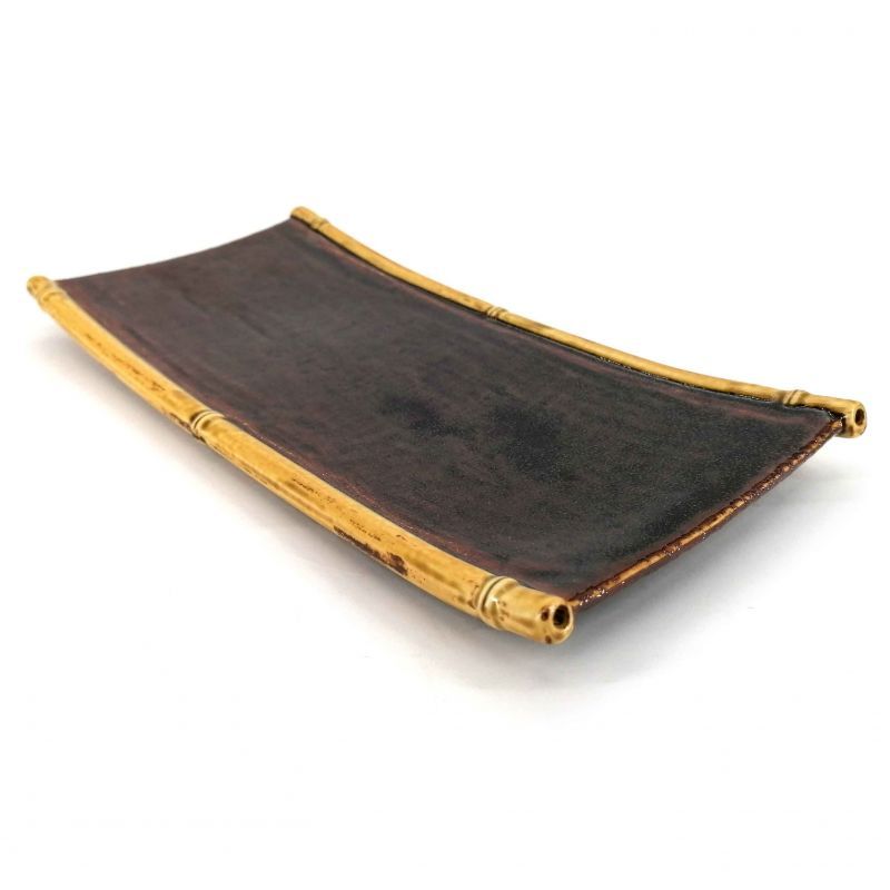 Japanese rectangular plate in ceramic, brown, bamboo - TAKE