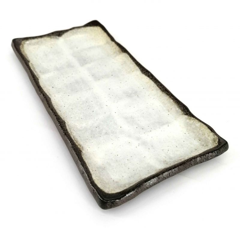 Kleine rechteckige japanische Platte aus beiger Keramik mit braunem Rand - BEJUBURAUN