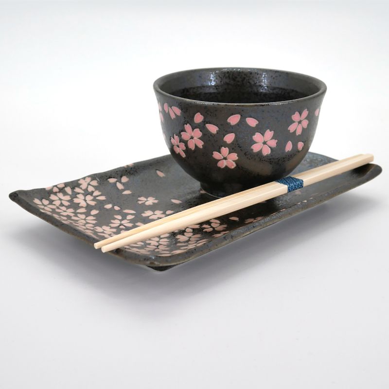 Ensemble japonais à sushi, TENMOKU HANAMATSURI, noir et rose