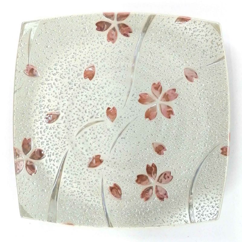 Assiette carrée japonaise en céramique, blanc avec reflets argentés - SHIRUBA SAKURA