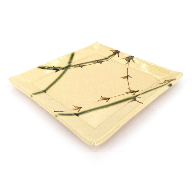 Assiette carrée japonaise en céramique, beige et verte - ORIBE TAKE