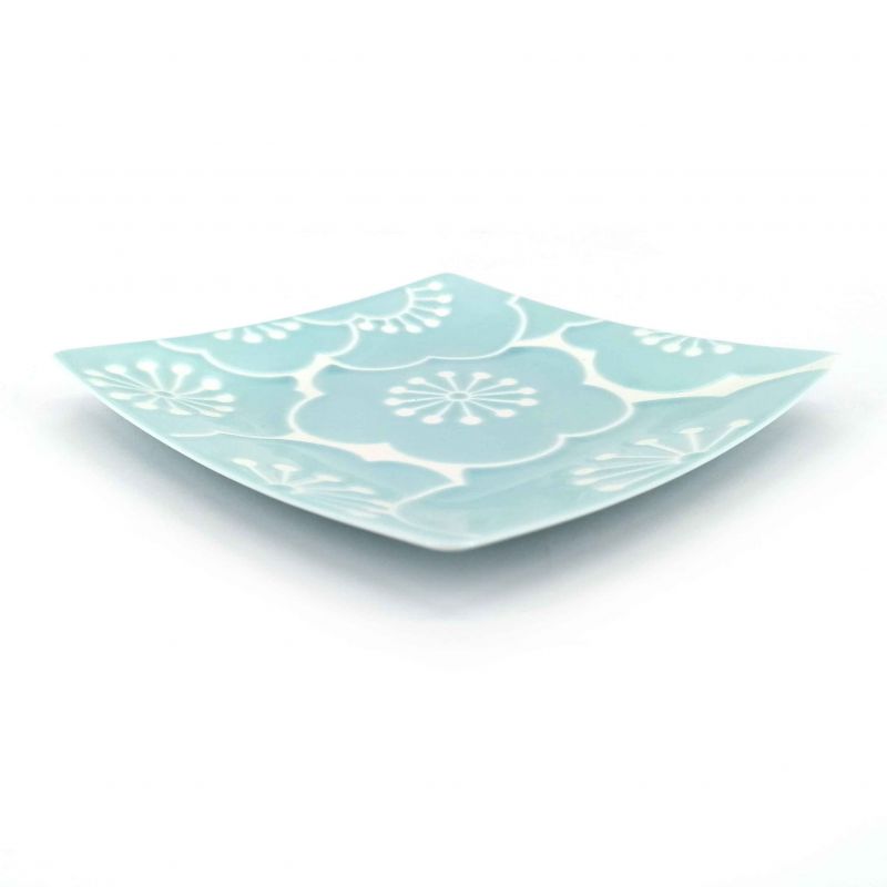 Assiette carrée japonaise en céramique, bleu et blanc - UME