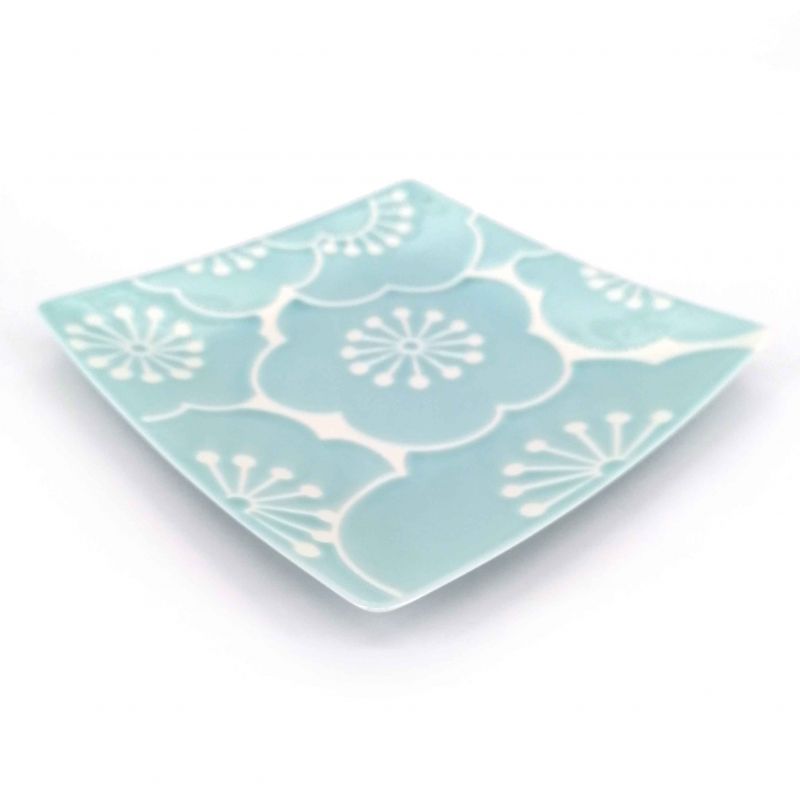 Japanese square ceramic plate, blue and white - UME