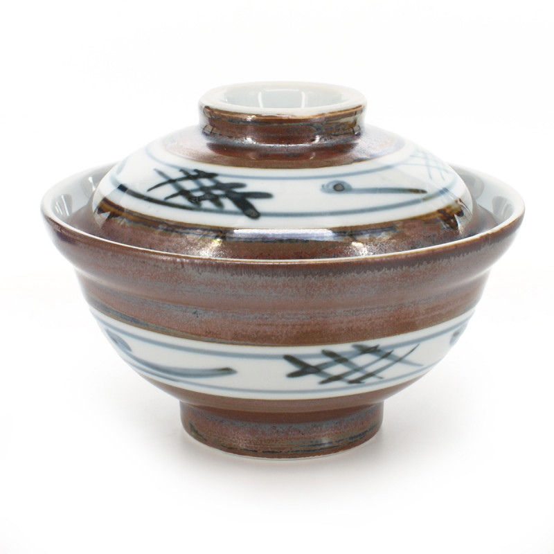 Tazón de cerámica japonés con tapa, SABI IGETA, marrón y blanco