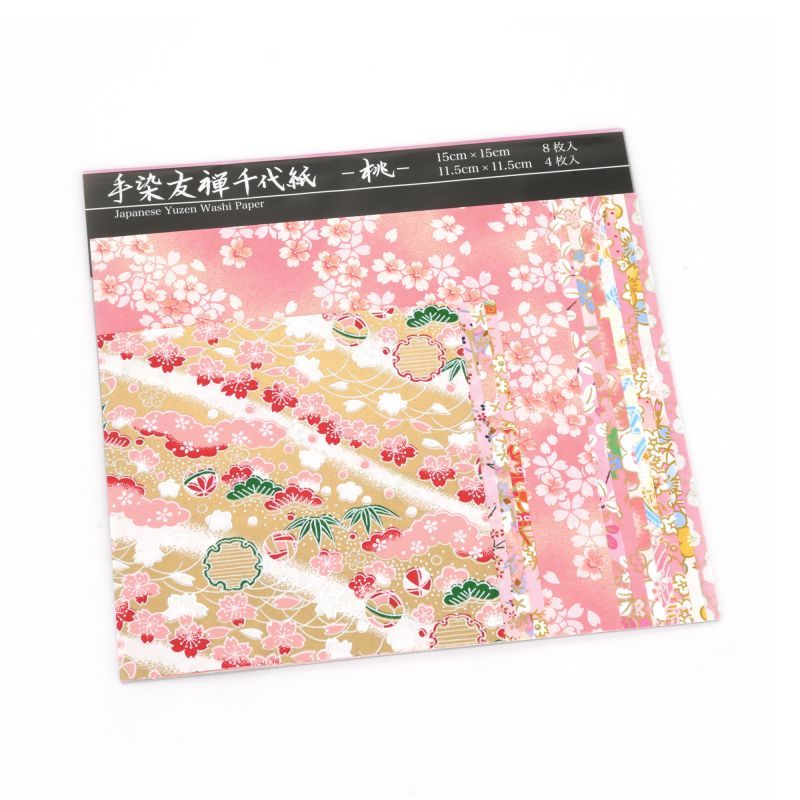 Set di 12 foglie quadrate rosa giapponese - YUZEN WASHI PAPER