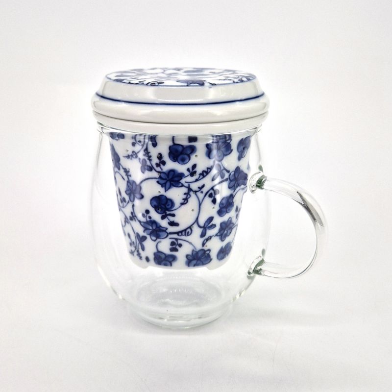 Japanese glass and ceramic tea cup with lid, blue and white patterns, HANA