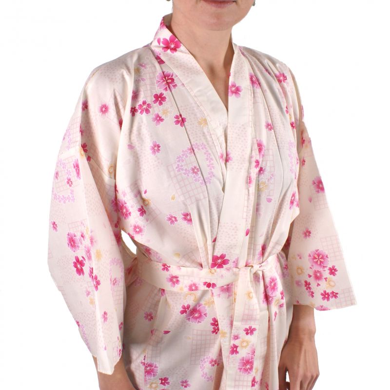 kimono japonais blanc en coton pour femme KOMONICHIMATSU-NI-SAKURA
