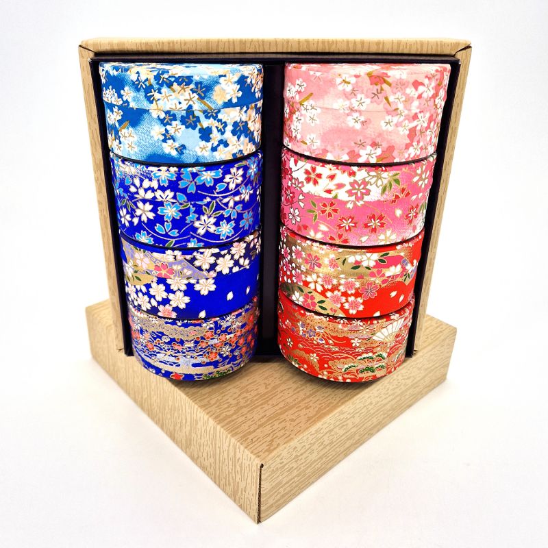 coffret de 8 boîtes à thé japonaise plate bleue ou rose en papier washi, YUZEN HANA, 40 g