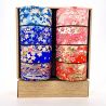 coffret de 8 boîtes à thé japonaise plate bleue ou rose en papier washi, YUZEN HANA, 40 g